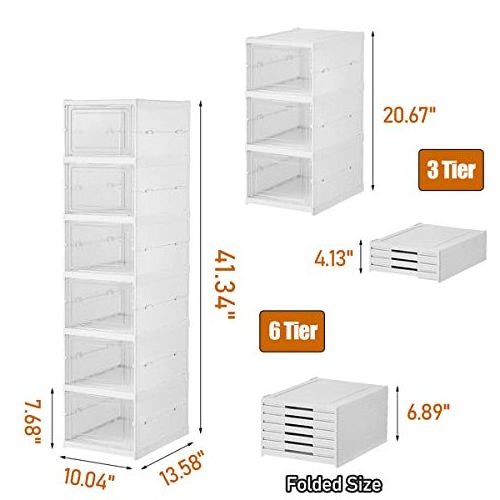 Shoe Organizer Storage Box, No Assembly Stackable Shoe Storage Bins with Clear Doorplastic Shoe Rack Set of 6-tier Plastic