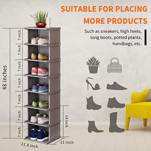 8 Tiers Shoe Rack - Vertical Narrow Shoe Shelf Storage Organizer Sturdy Space Saving - Tall Narrow portable shoe rack