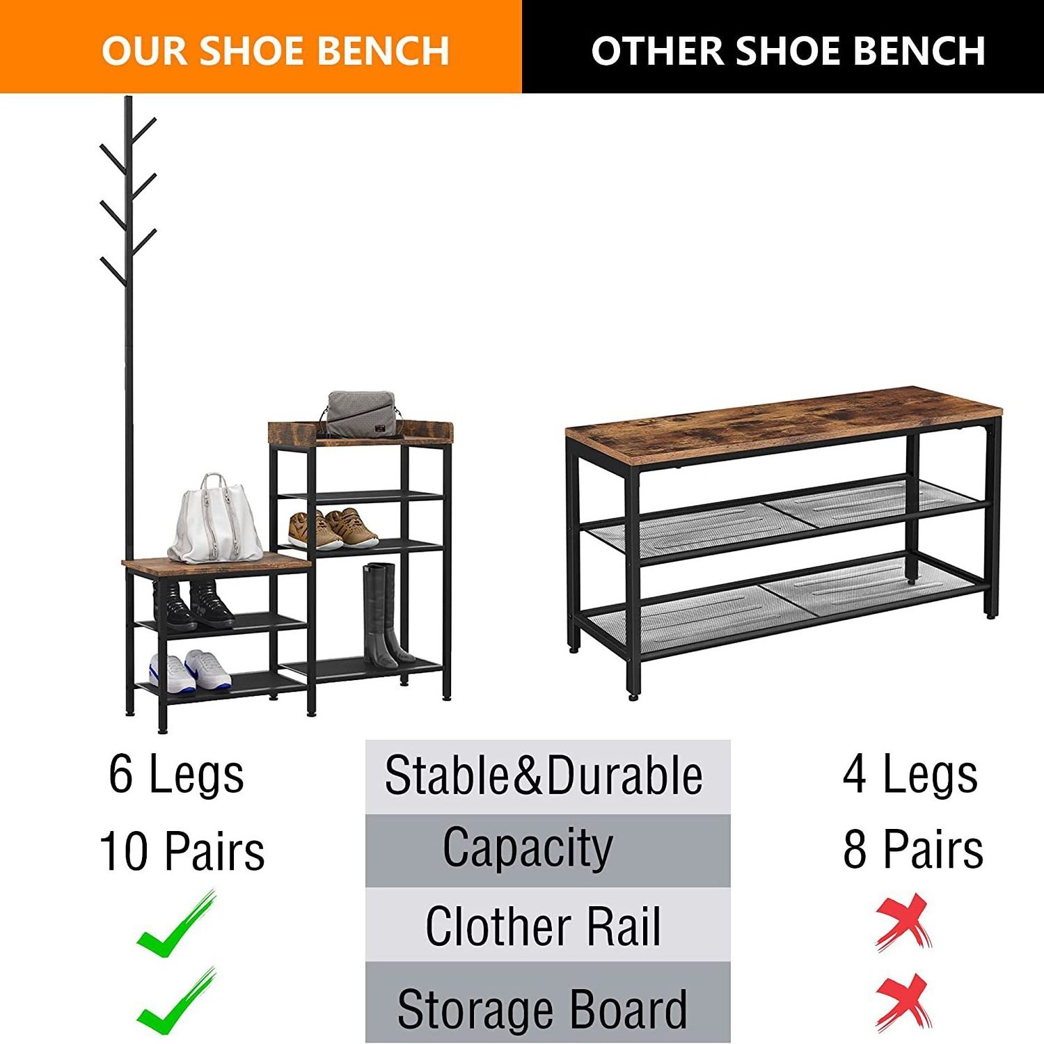 Shoe Bench Entryway with Coat Rack, 4 Tier Rack with Metal Mesh Shelves , 4 in 1 Rustic Bench for Hallway, Foyer, Doorway