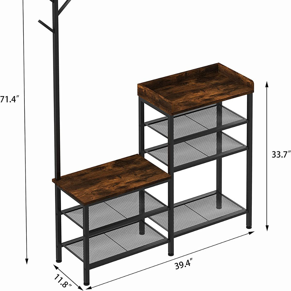 Shoe Bench Entryway with Coat Rack, 4 Tier Rack with Metal Mesh Shelves , 4 in 1 Rustic Bench for Hallway, Foyer, Doorway