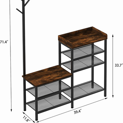 Shoe Bench Entryway with Coat Rack, 4 Tier Rack with Metal Mesh Shelves , 4 in 1 Rustic Bench for Hallway, Foyer, Doorway