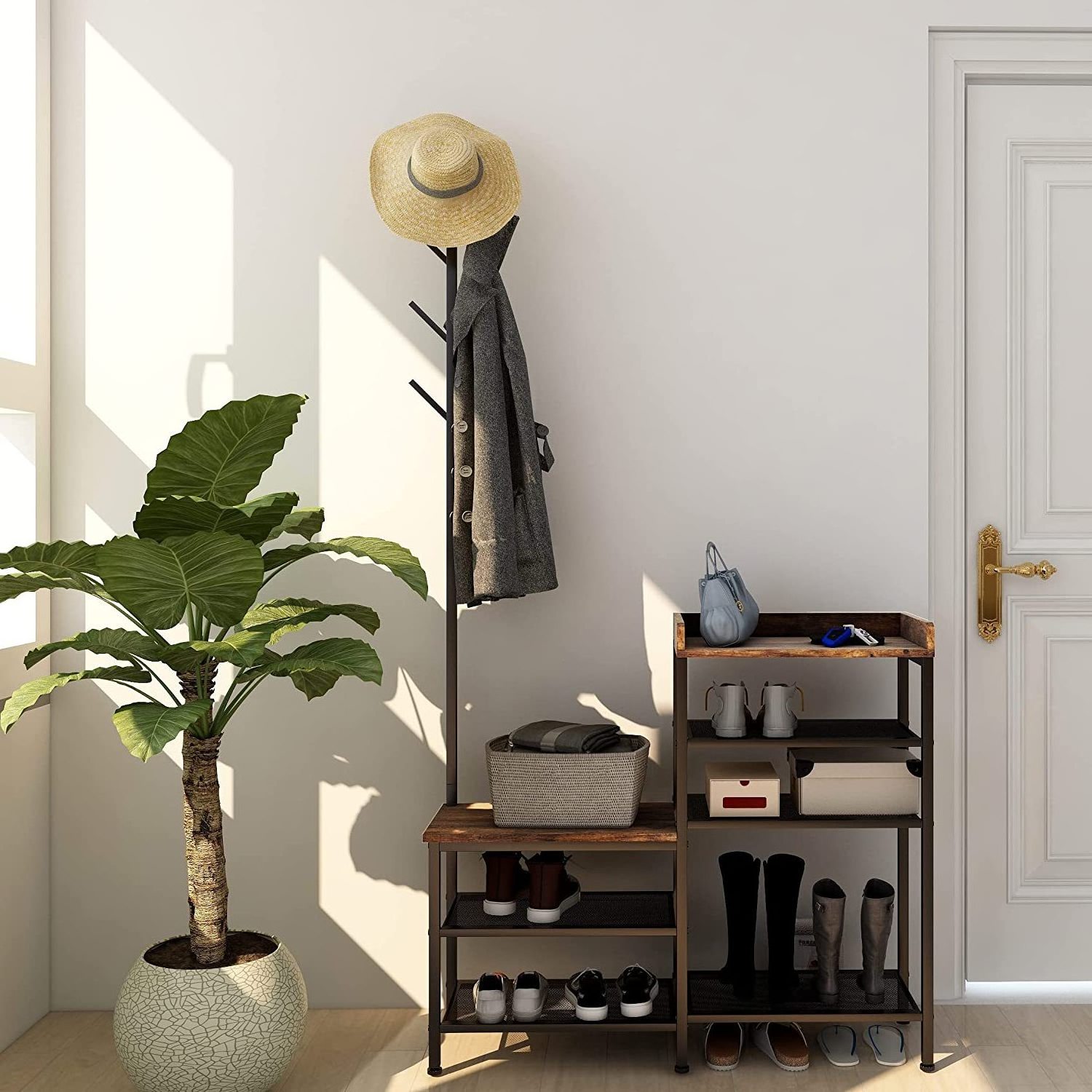 Shoe Bench Entryway with Coat Rack, 4 Tier Rack with Metal Mesh Shelves , 4 in 1 Rustic Bench for Hallway, Foyer, Doorway