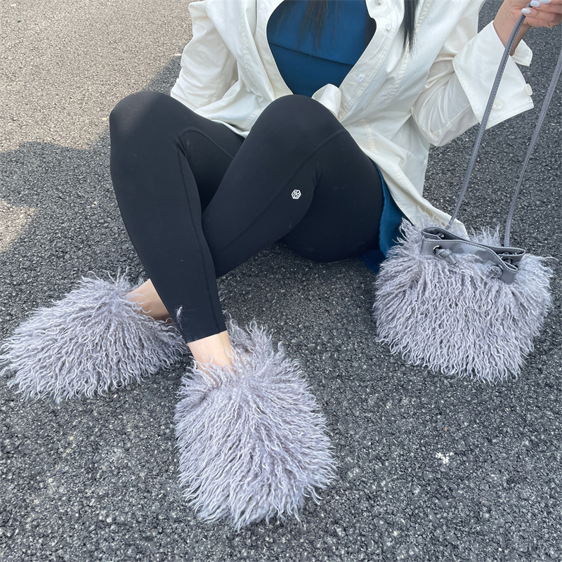 New Design Flat Bottom Fluffy Fuzzy Shoes Long Sheepskin Slide Women Mongolian Fur Slippers