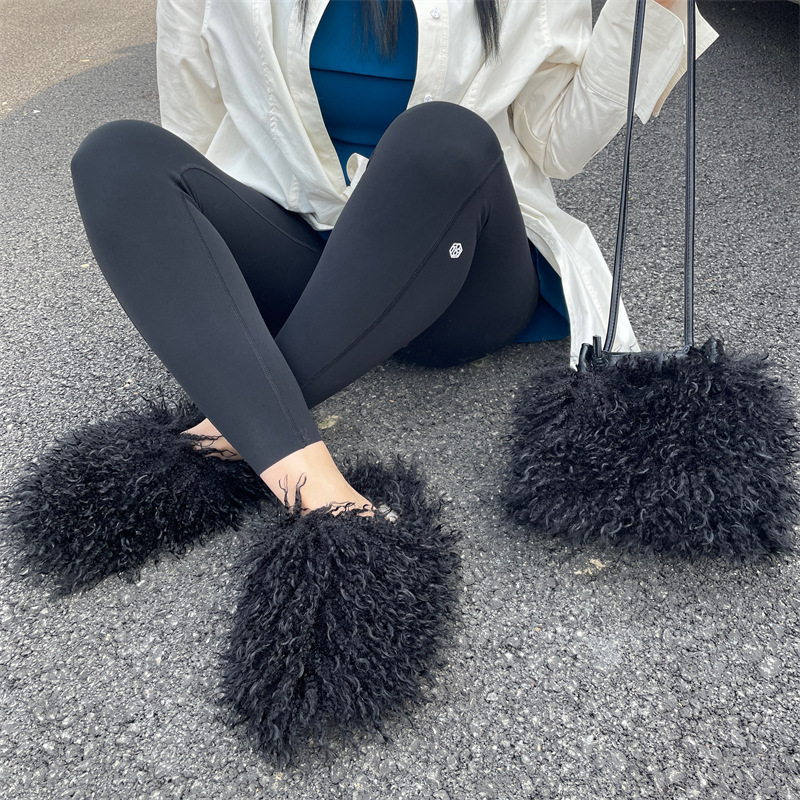 New Design Flat Bottom Fluffy Fuzzy Shoes Long Sheepskin Slide Women Mongolian Fur Slippers