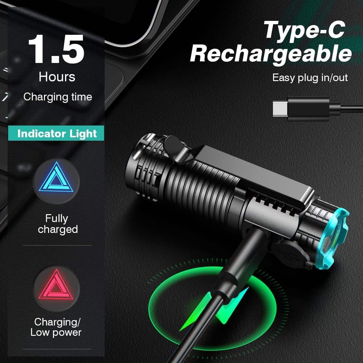 Mini High Power 2000lm Type-C Rechargeable LED Flashlight Hiking Camping Running Torch Light