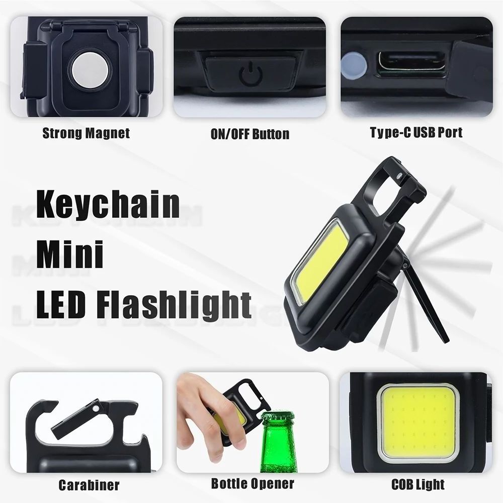 Multifunctional Outdoor Portable USB Chargeable COB Work Light Inspection Light Camping Mini Led Keychain Flashlight