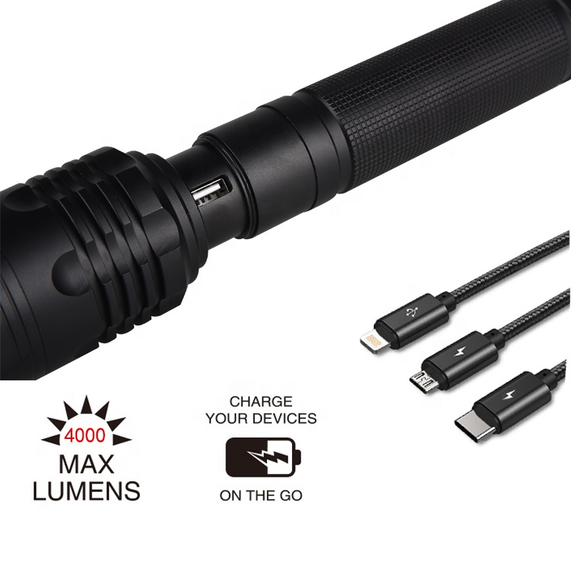 4000 Lumen Flashlight Outdoor Portable Zoom Flashlight Rechargeable LED Flashlight