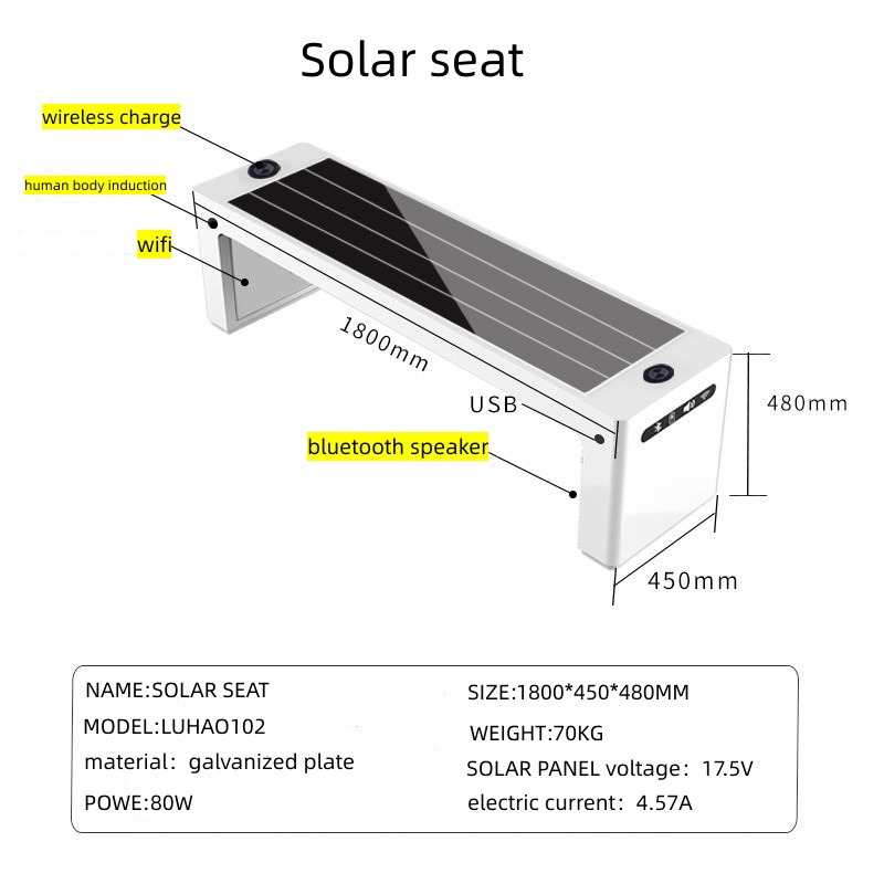 Bench Streeturban Seats Solar Powered Steel Metal Waterproof Antique Stainless Steel Outdoor Furniture Contemporary Patio Bench