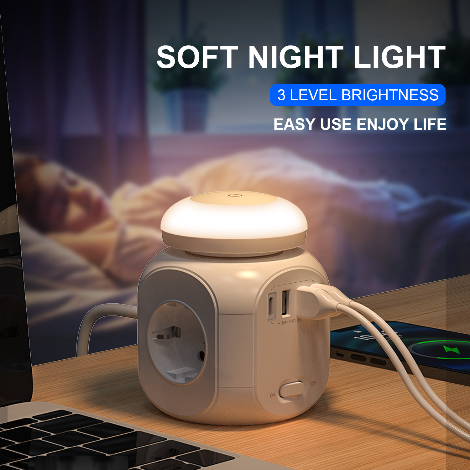 Portable EU power cube socket 4 way outlet 4USB charging port with night light for indoor and travel power strip with usb