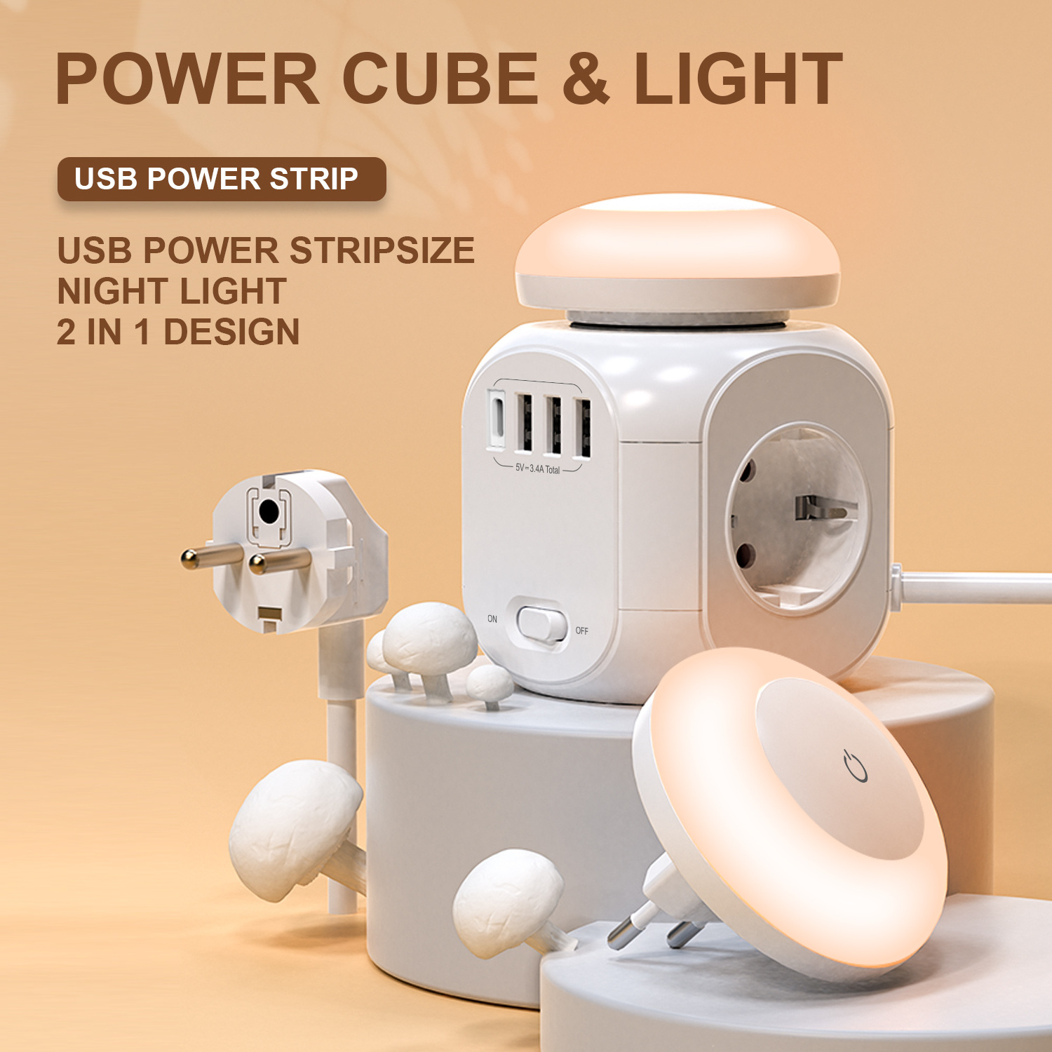 Portable EU power cube socket 4 way outlet 4USB charging port with night light for indoor and travel power strip with usb