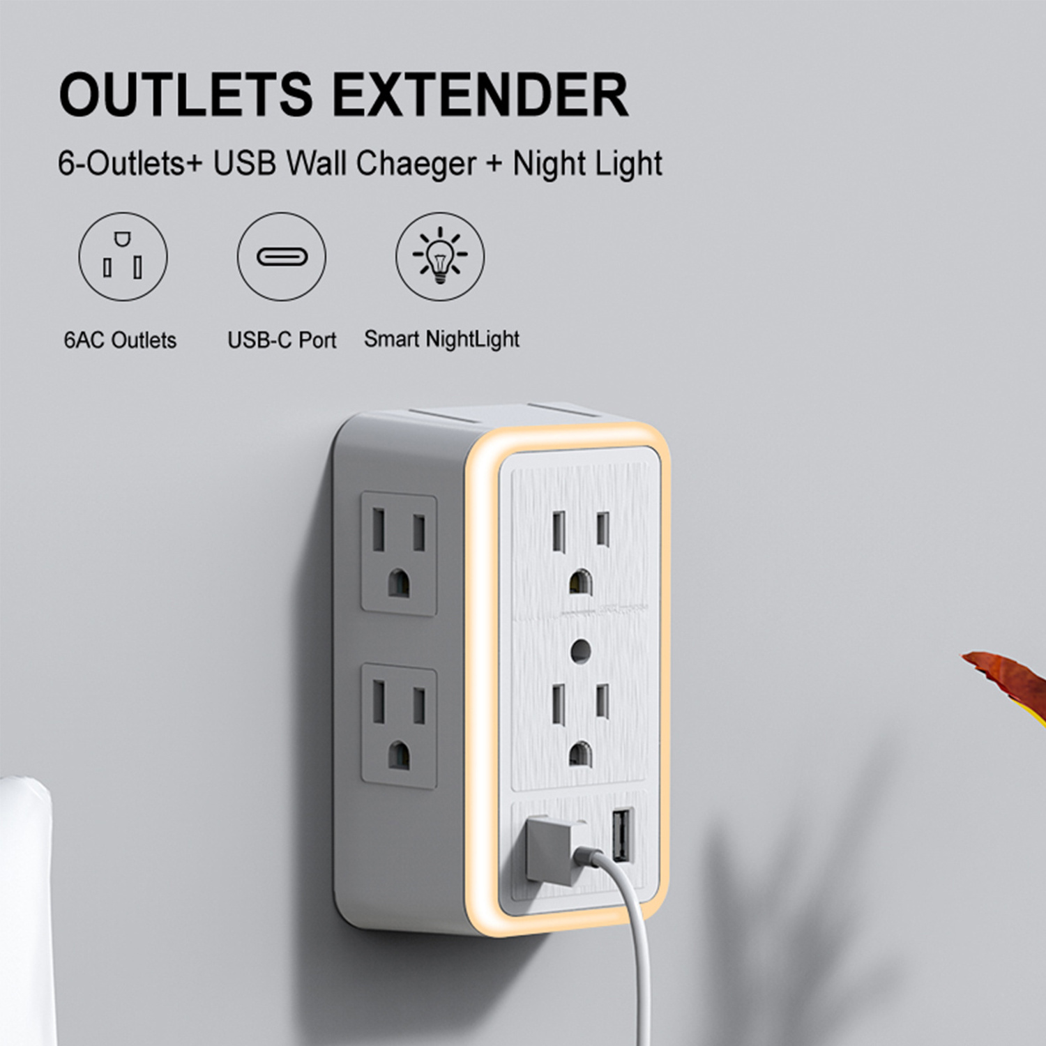 Socket  Wall Outlet, OULIYO 6  Surge Protector  Outlet Extender with USB C Multi Plug Outlet and Smart Night Light