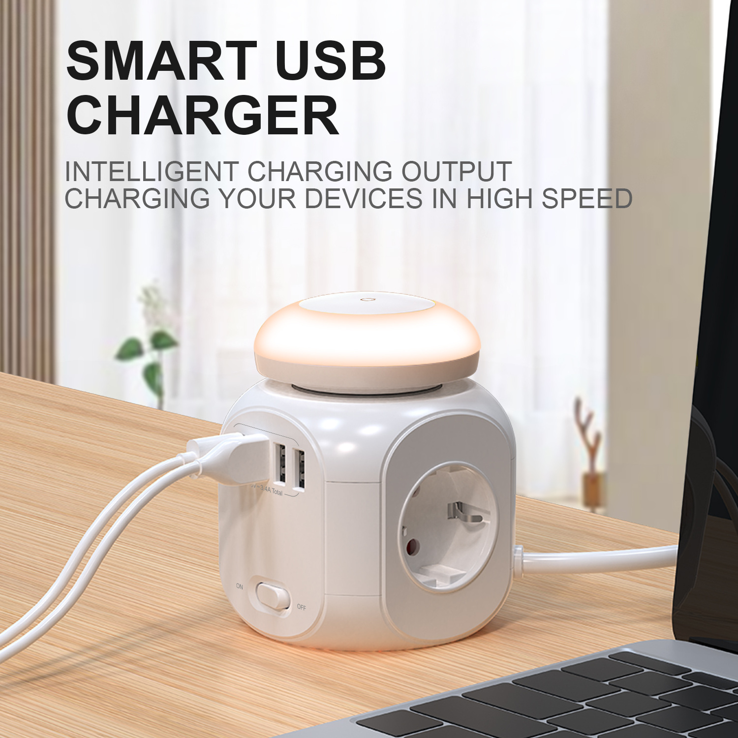 Portable EU power cube socket 4 way outlet 4USB charging port with night light for indoor and travel power strip with usb