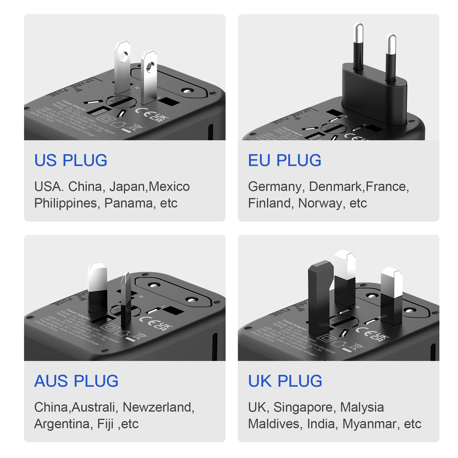 Multiple specification Portable Anti electric shock fast charging universal travel adapter Multinational socket USB tool parts