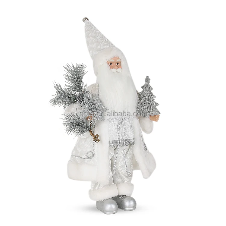 Sparkling Snow White Xmas Santa Claus Dolls Standing Figurines Plush Navidad Noel Papa Toy Silver Flower Christmas Decoration