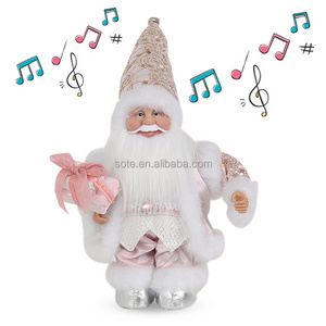 SOTE Joyful Pink Cute Xmas Music Box Santa Claus Toy Gifts Bag Navidad Noel Papa Figurines Clockwork Spring Christmas Decoration