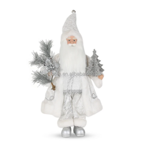 Sparkling Snow White Xmas Santa Claus Dolls Standing Figurines Plush Navidad Noel Papa Toy Silver Flower Christmas Decoration