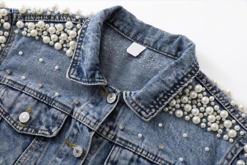 Pearl Denim Jacket Blue Jean Long Pearled Cropped Sleeveless Ladies  Oversize Nail Pearl Gem Embellished Mrs Bride Denim Jacket