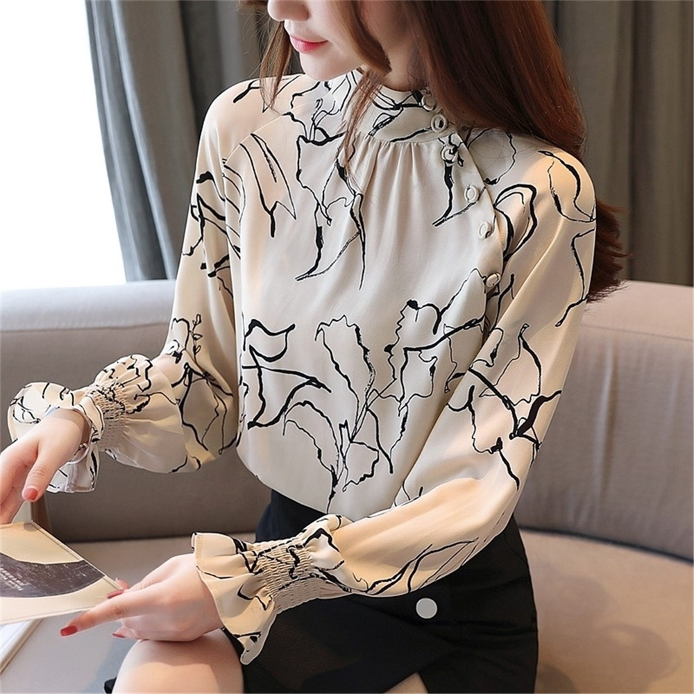 Long Sleeve Office Lady Women Blouses Shirts White Flower Print Chiffon Women Tops With Button Blusas Mujer De Moda B985