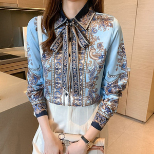 Women Vintage Indiefolk Floral Printed Ladies Tops Satin Chiffon Long Sleeve Casual Blouse Female Work Wear Office Shirts