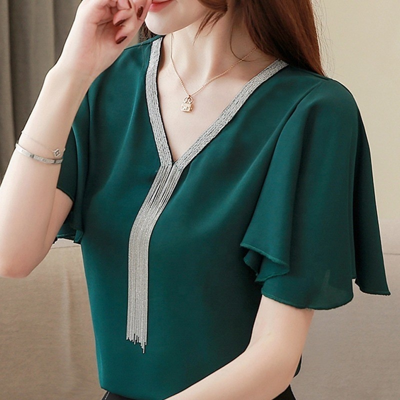 Blusas Blouses Femme Summer Solid Tops Women Fashion Verano Tassel V-Neck Chiffon Blouse Shirt 8678#