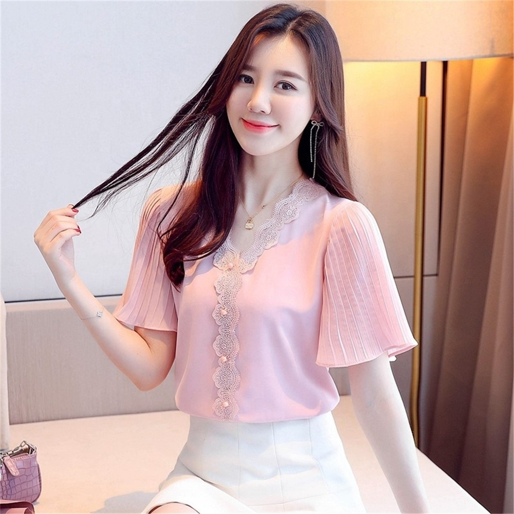 Blouses Femme Top Summer Women Short Sleeve Women Blusas Mujer De Moda Verano V-Neck Chiffon Blouse Shirt E751