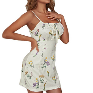 Wholesale Women High Waist Floral Beachwear Open Back Suspender Beach Dress Ladies Robe Plage Blanc