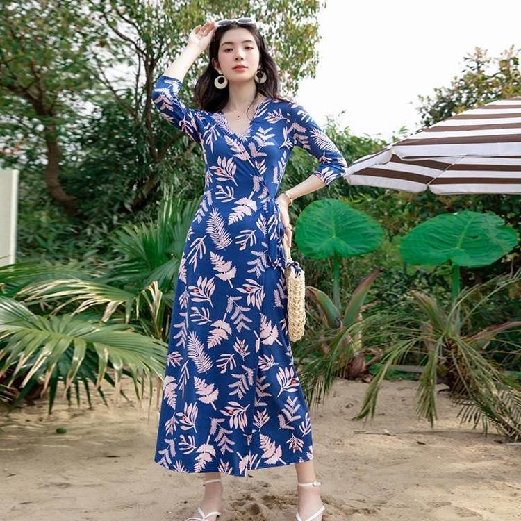 High Quality New Fashion Floral Beach Wear Maxi  Wrap Long Beach Dress Woman Elegant Robe-De-Plage-Gross