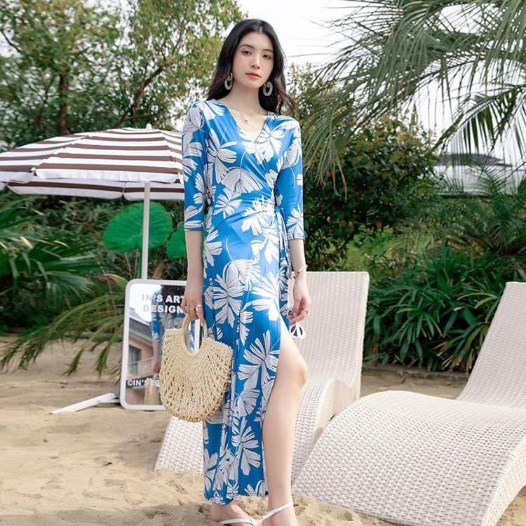 Wholesale Floral Maxi Dresses Beach Dress Lady Elegant Long Wrap Beach Cover Up Dress Femme Robe Plage Pas Cher