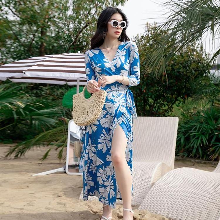 Wholesale Floral Maxi Dresses Beach Dress Lady Elegant Long Wrap Beach Cover Up Dress Femme Robe Plage Pas Cher