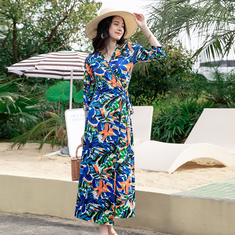 Floral New Fashion Lady Beach Dress Holiday Casual Beach Wear Wrap Cover Up Dress Spring Summer Robe Sexy Pour Plage