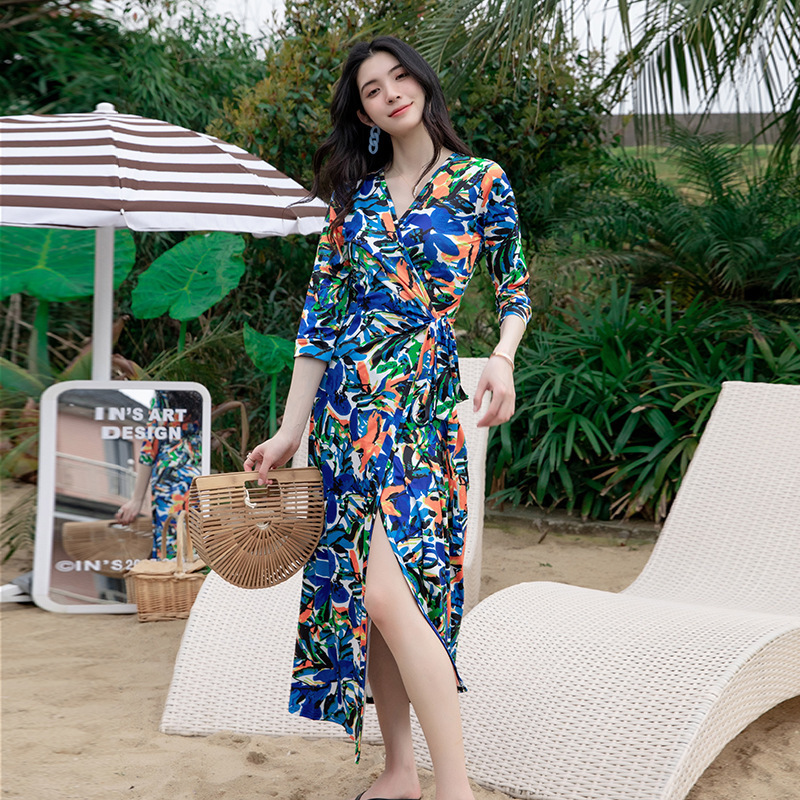 Floral New Fashion Lady Beach Dress Holiday Casual Beach Wear Wrap Cover Up Dress Spring Summer Robe Sexy Pour Plage