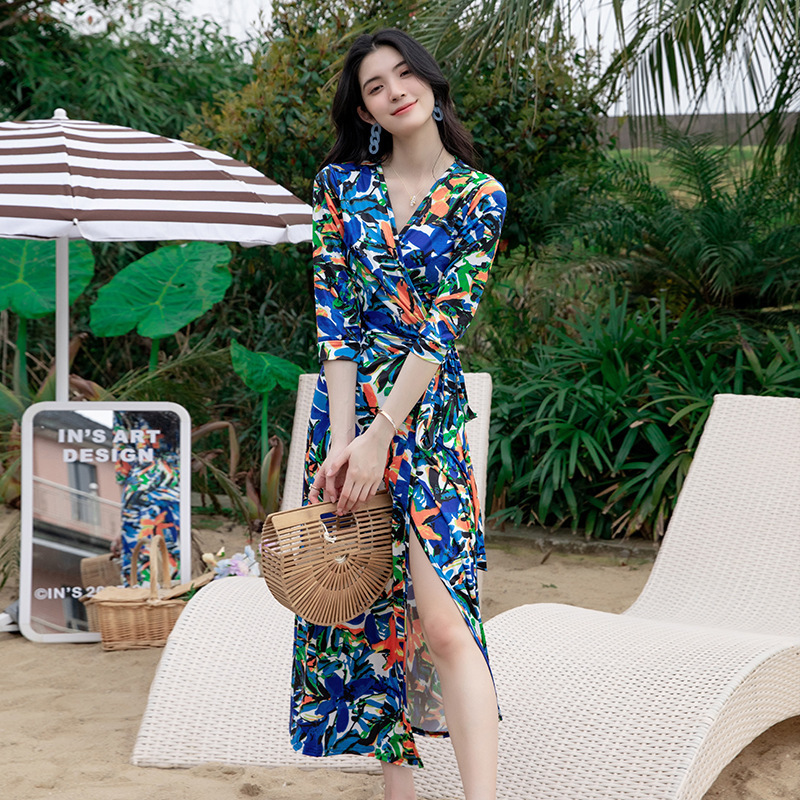 Floral New Fashion Lady Beach Dress Holiday Casual Beach Wear Wrap Cover Up Dress Spring Summer Robe Sexy Pour Plage