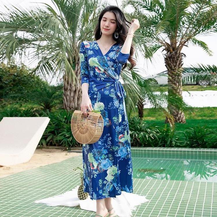 Wholesale Hotest Summer Holiday V-Neck Women Dress Party Beach High Waist Wrap Cover Up Dress Robe D Ete Plage