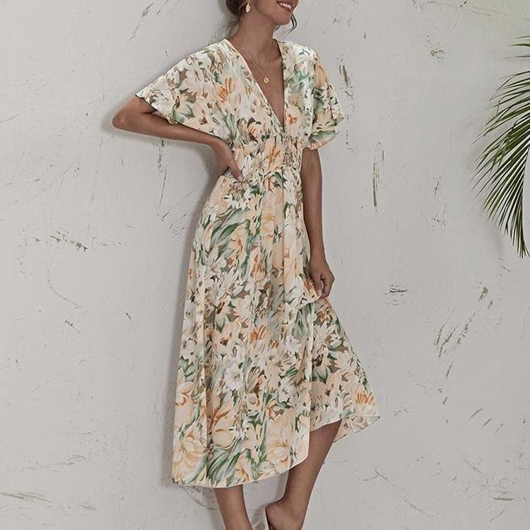 2022 Summer Hotest Women High Waist Casual Long Dresses Beach Wear Sexy V-Neck Party Dress Floral Robe Plage Boho