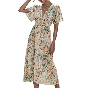 2022 Summer Hotest Women High Waist Casual Long Dresses Beach Wear Sexy V-Neck Party Dress Floral Robe Plage Boho