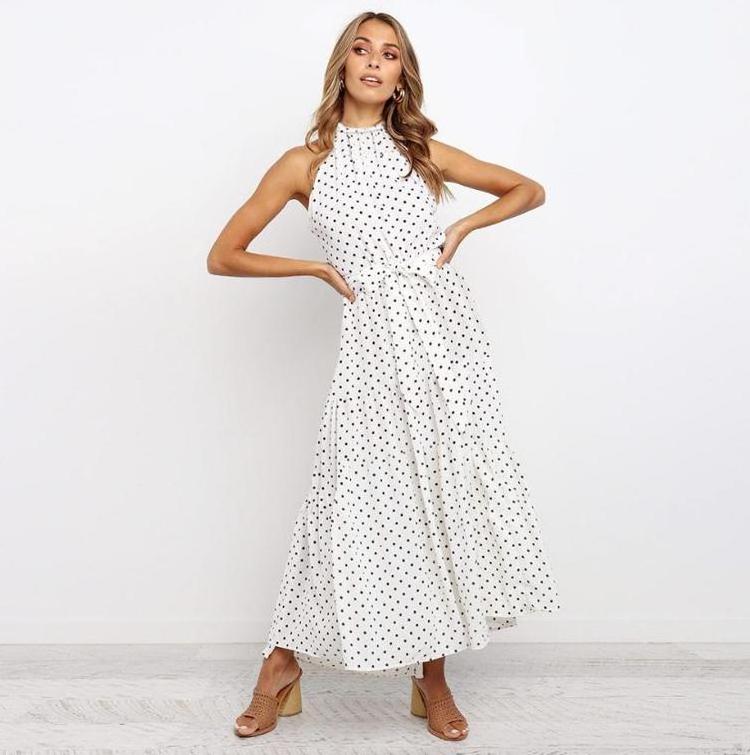 Hot Sell Summer Casual No Sleeve Women White High Neck Spotted Dress Robe Tendance Plage 2022