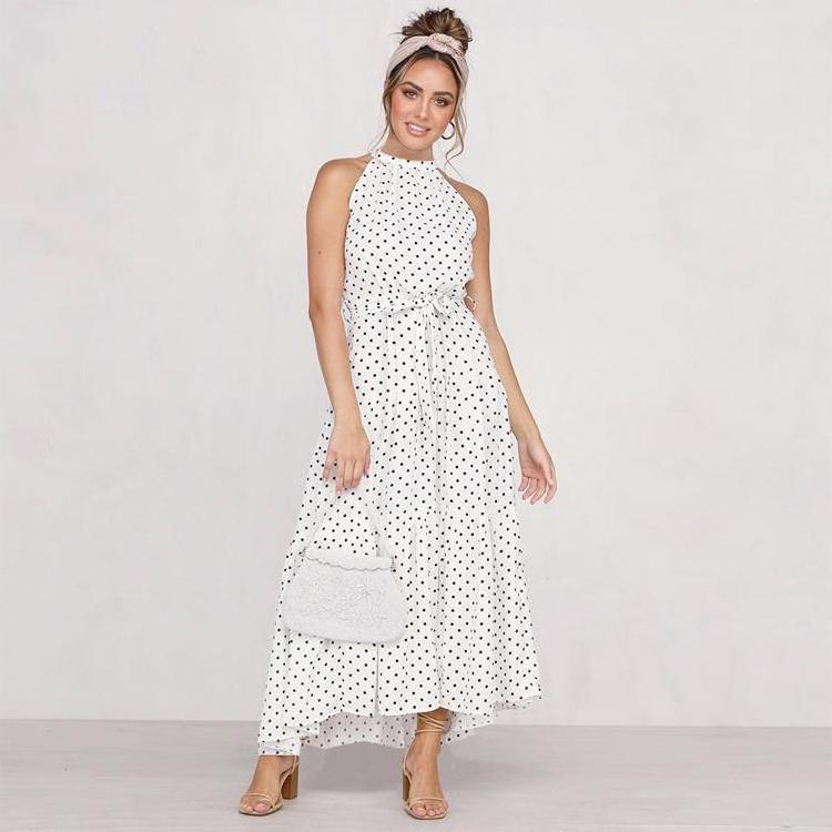 Hot Sell Summer Casual No Sleeve Women White High Neck Spotted Dress Robe Tendance Plage 2022