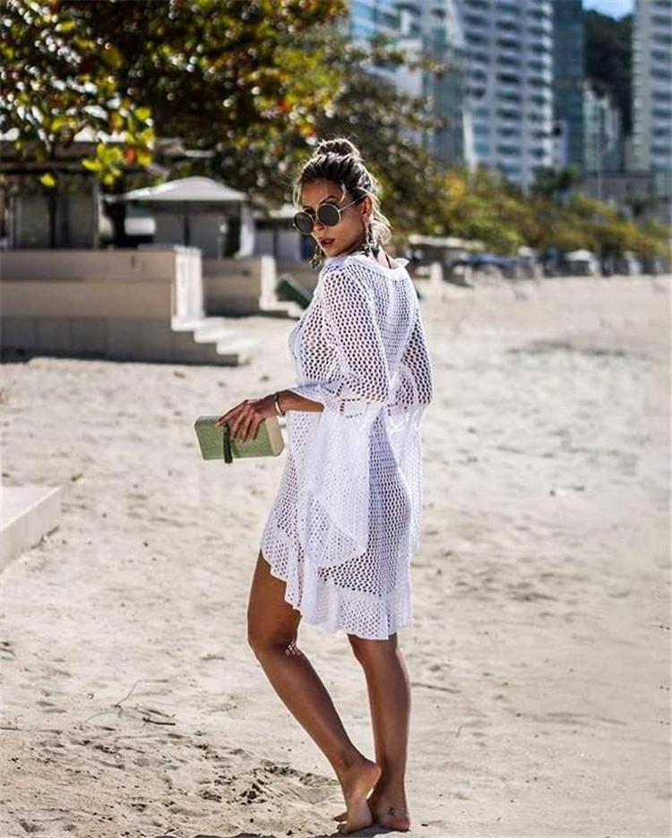 Womens Long Trumpet Sleeves Bikini Cover Up Beach Dresses Crochet Dress Hollow Out Sun Protection Robe Femme Plage