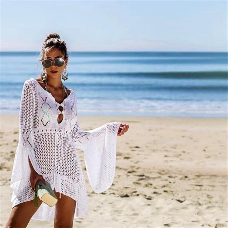 Womens Long Trumpet Sleeves Bikini Cover Up Beach Dresses Crochet Dress Hollow Out Sun Protection Robe Femme Plage