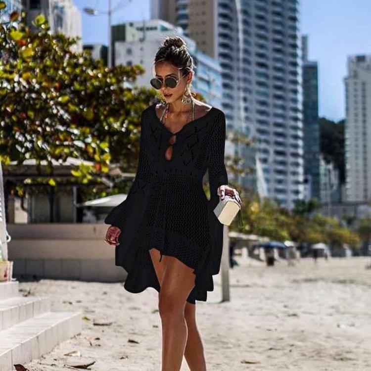 Womens Long Trumpet Sleeves Bikini Cover Up Beach Dresses Crochet Dress Hollow Out Sun Protection Robe Femme Plage