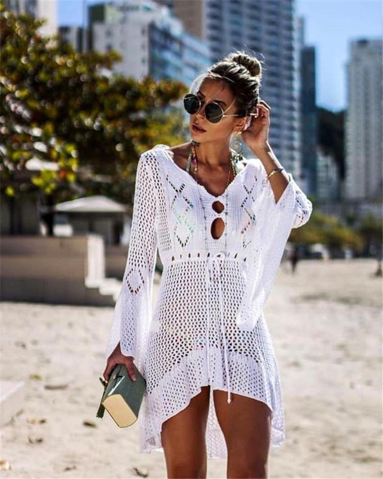 Womens Long Trumpet Sleeves Bikini Cover Up Beach Dresses Crochet Dress Hollow Out Sun Protection Robe Femme Plage