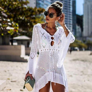 Womens Long Trumpet Sleeves Bikini Cover Up Beach Dresses Crochet Dress Hollow Out Sun Protection Robe Femme Plage