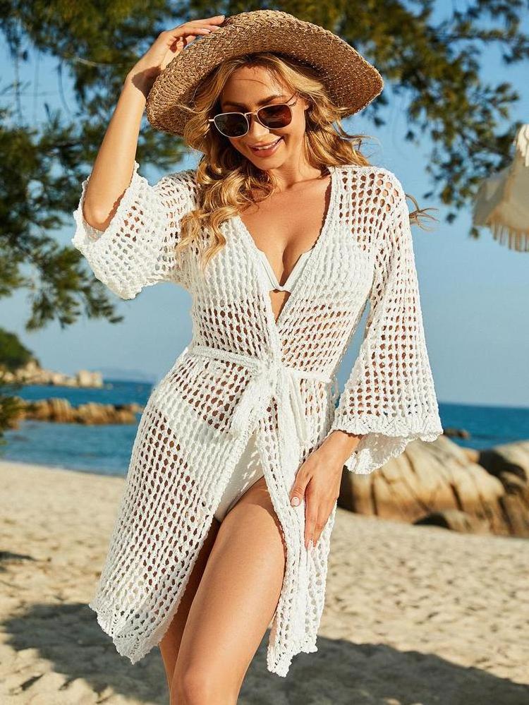 Ladies Sexy Hollow Out Long Sleeve Cardigan Beach White Middle Dress Crochet Macrame Robe Blanche De Plage Plage Plage