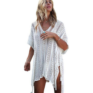 Hot Sexy Womans See Through Mesh Fishnet Beach Wear Summer Party Dress Robe De Plage White Transparent With Slit