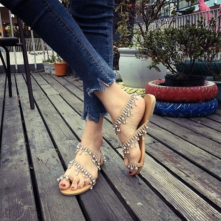 2024 Hot Sale Women Chaussures Sandales A Talons Hauts Pour Femme Frauen Sandalen Jeweled Beads Toe Ring Flat Sandals For Ladies