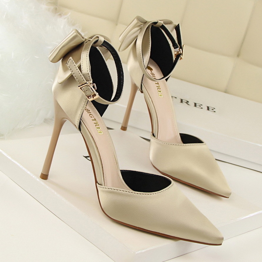 Latest Korean Sweet Ladies Pumps Shoes Hollow Back Bow Shallow Mouth Stiletto High Heels Shoes For Women 43 Size