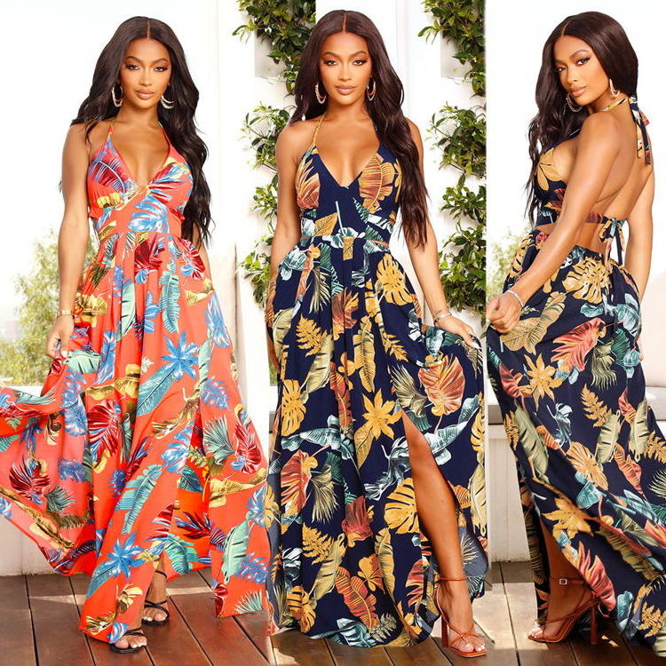 Beach Dresses Wholesale Ladies Summer Longue Robe Plage Sans Manche Hot Sexy Halter Beach Suspender Maxi Long Dresses With Slits