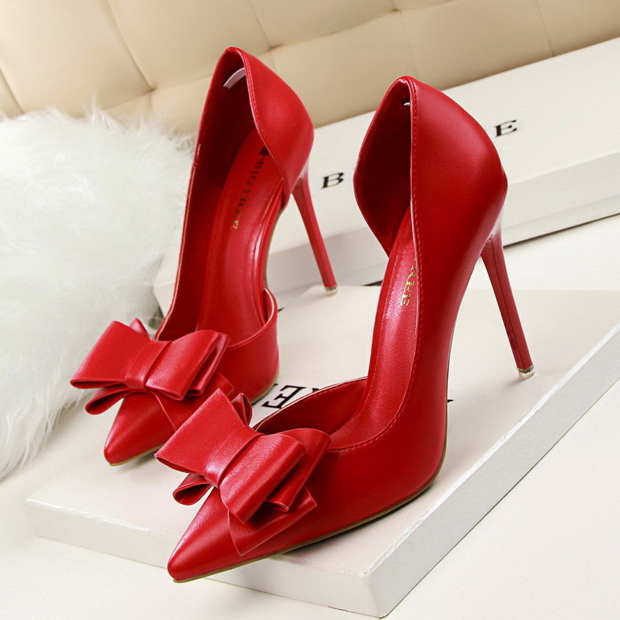 Stylish Simplicity Girl Pointed Stiletto Heels 2021 Cute Bow Side Cutout Plus Size Women'S Pumps Heel Shoes