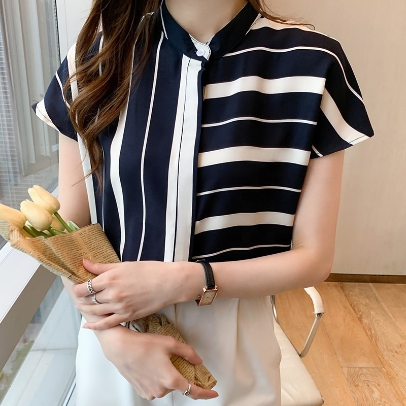 Blouses Shirts Short Sleeve Summer Striped Chiffon Blouse Women Shirt Tops Ladies