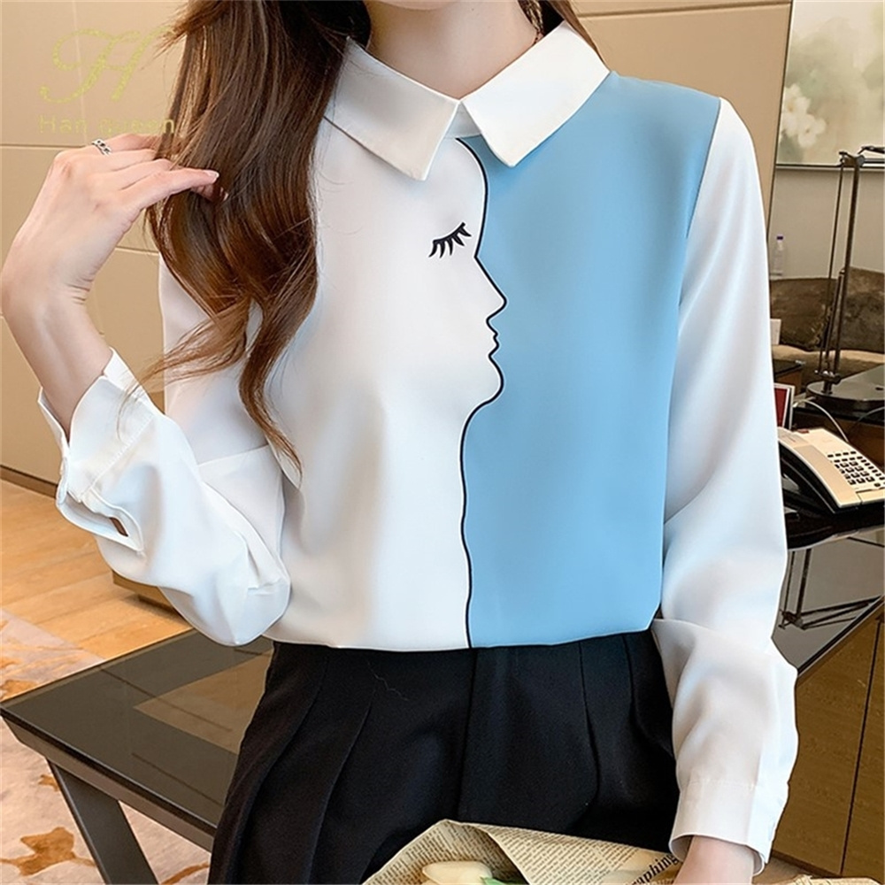 Women Spring Autumn Vintage Stitching Print Blouses Korean Elegant Office Shirt Long Sleeve Shirt Ladies Chiffon Blouse Top